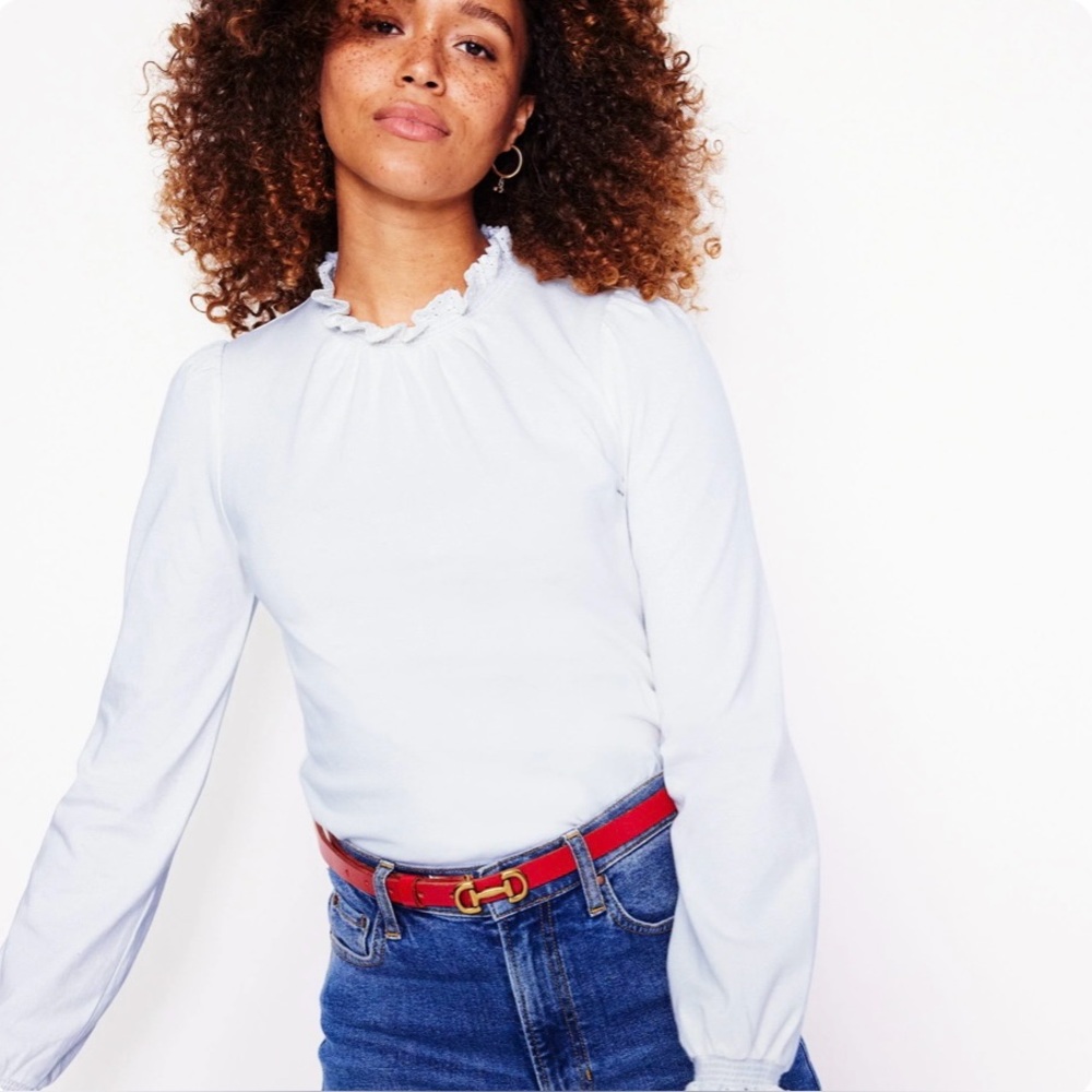 Boden Long Puff Sleeve Broderie Ruffle Collar Knit atop Shirt Size US 8 UK 12